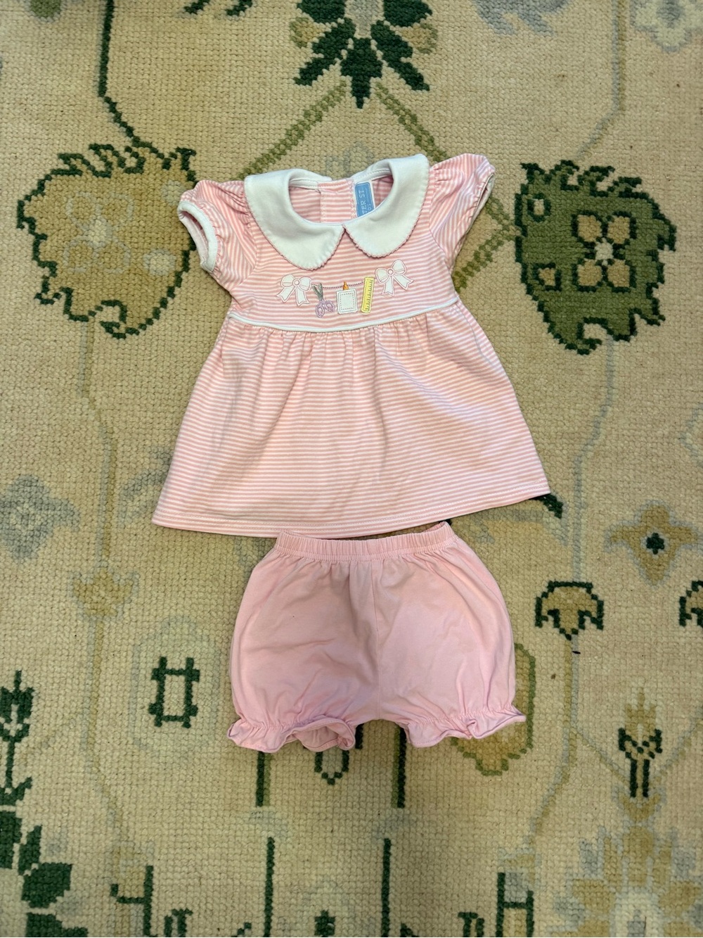 Unbranded Pink Striped Dress & Bloomers Set with White Peter Pan Collar